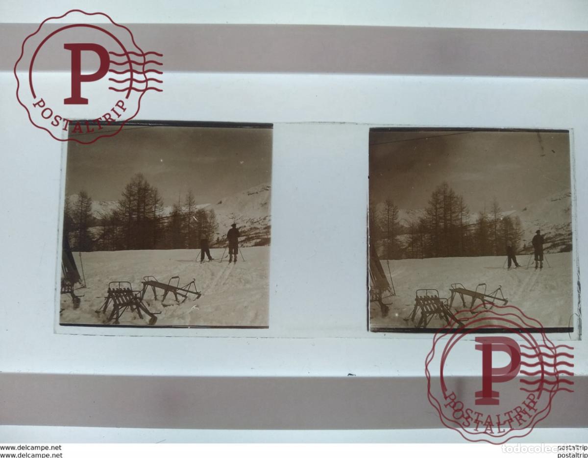 Antique Photography: St&eacute;r&eacute;o sur verre plaque de Verre Fran&ccedil;e Montagnes Neige Ski
