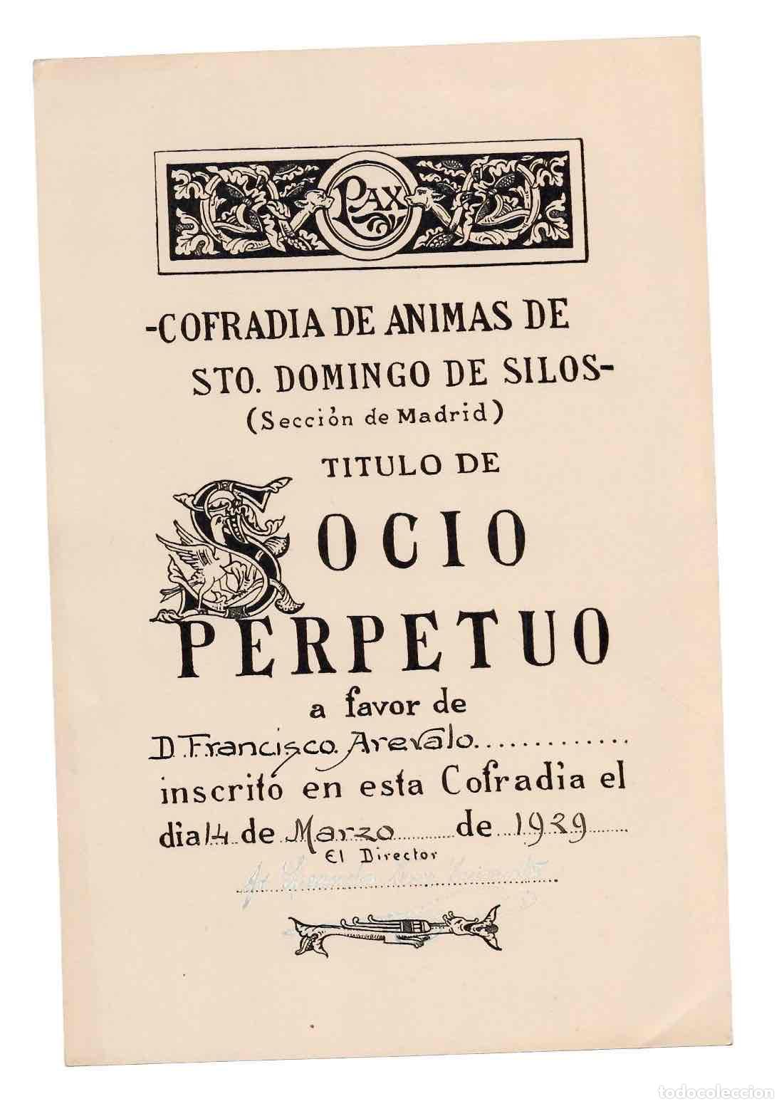 Fotograf&iacute;a antigua: TITULO DE SOCIO PERPETUO COFRADIA DE ANIMAS DE STO. DOMINGO DE SILOS. 14 DE MARZO DE 1929