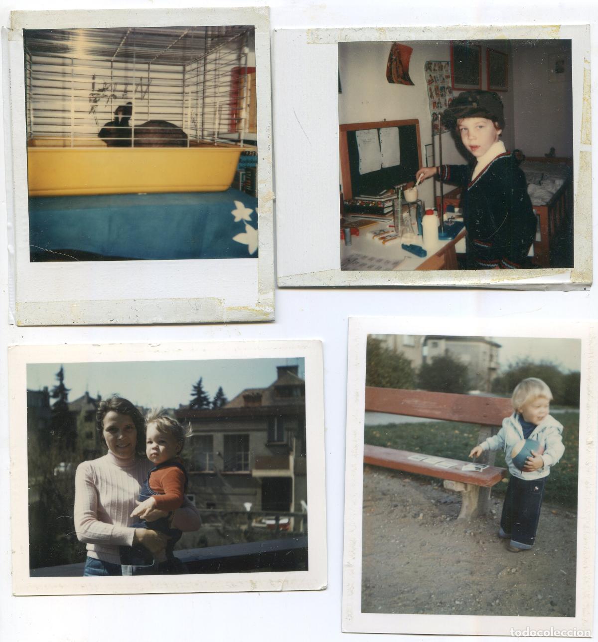 Fotograf&iacute;a antigua: Lote cuatro fotos Polaroid, ni&ntilde;o, jaula con conejo mascota y las fotos sobre el banco