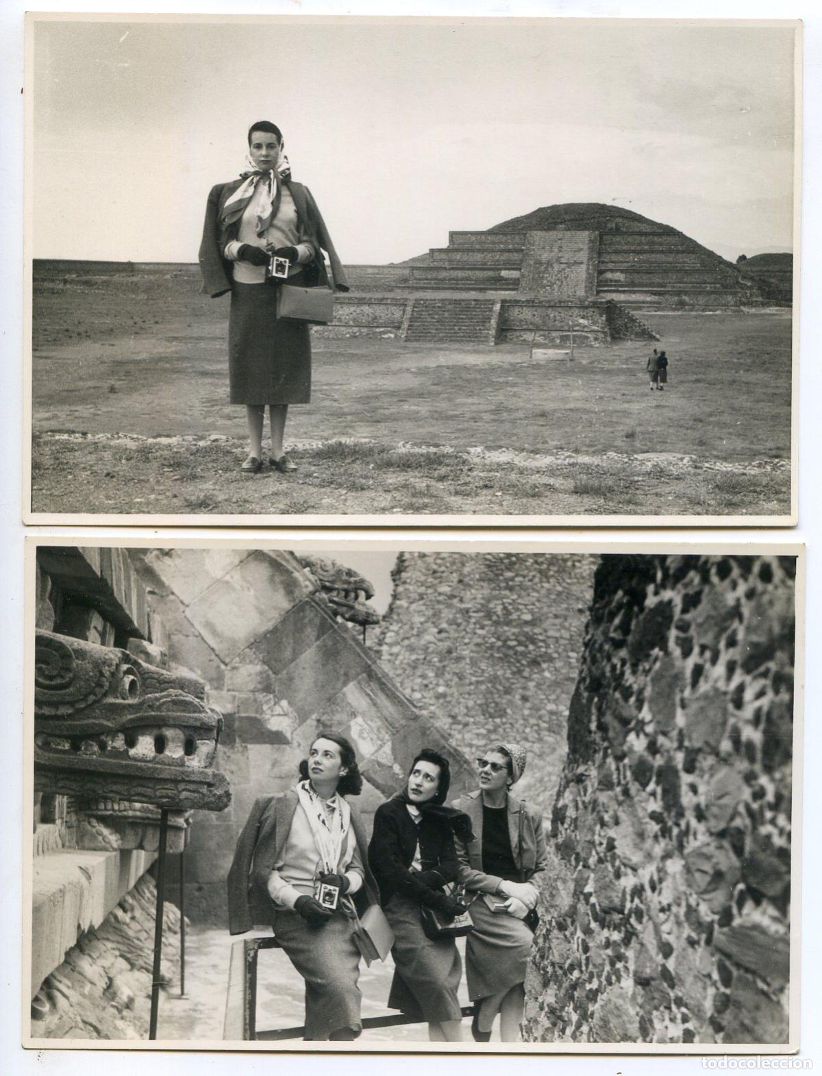 Fotograf&iacute;a antigua: Dos fotos de se&ntilde;orita con c&aacute;mara fotogr&aacute;fica, Arist&oacute;crata espa&ntilde;ola de turismo en M&eacute;xico a&ntilde;o 1954