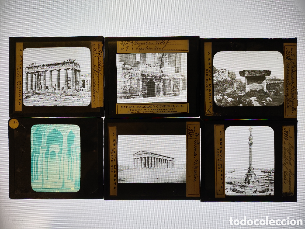 Alte Fotografie: CONJUNTO DE 6 FOTOGRAF&Iacute;AS SOBRE VIDRIO - MONUMENTOS ANTIGUOS - POBLET, PARTEN&Oacute;N, COL&Oacute;N, BALEARES