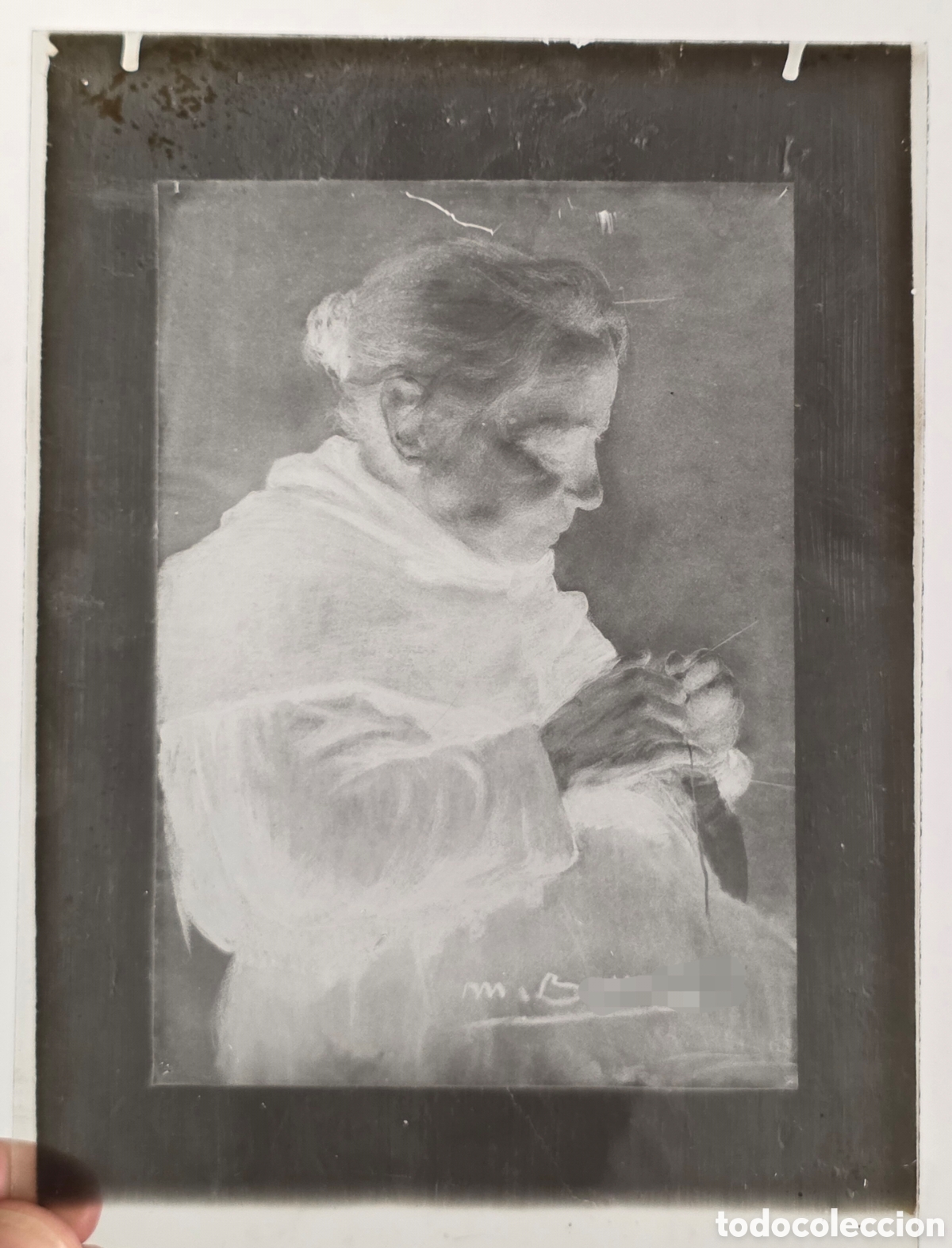 Fotograf&iacute;a antigua: Antigua Fotograf&iacute;a Negativo Cristal Abuela Ganchillo c. 1900 - Firmada - Decoraci&oacute;n Crochet Ganchet