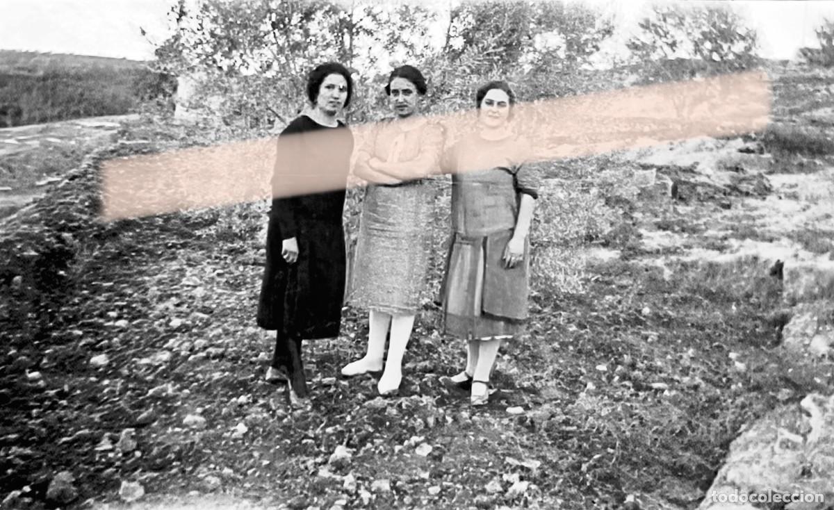 Fotograf&iacute;a antigua: Antiguo negativo de fotograf&iacute;a. Tres mujeres posando entre olivos en el campo. A&ntilde;os 30