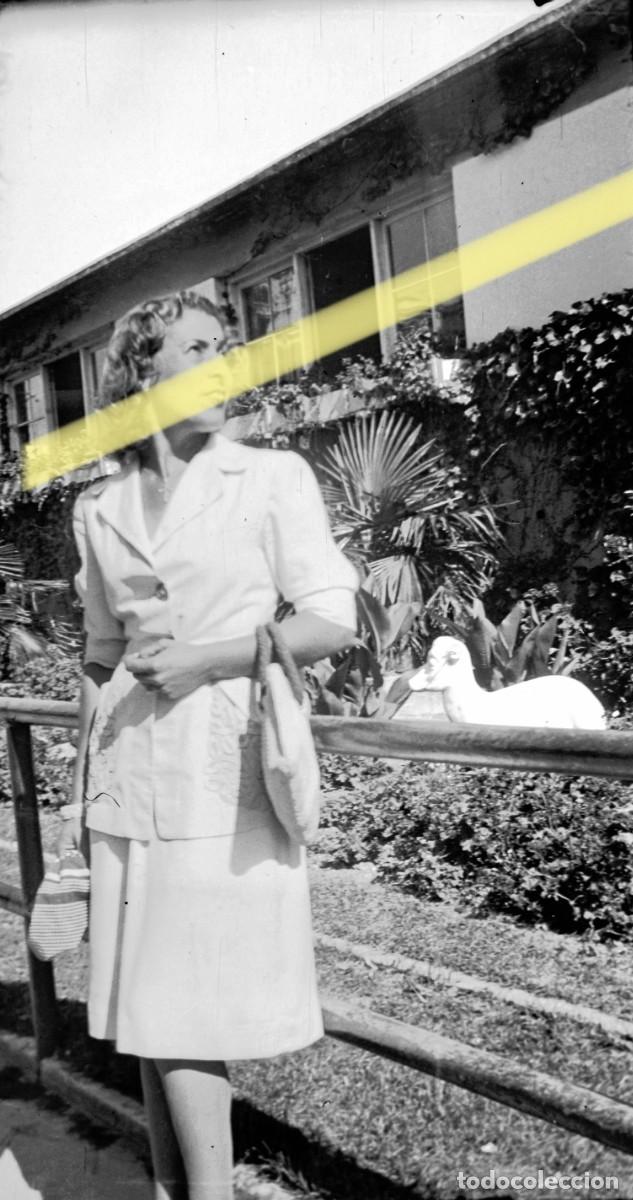 Fotograf&iacute;a antigua: Antiguo negativo de fotograf&iacute;a. Mujer posando en un jard&iacute;n. A&ntilde;os 40
