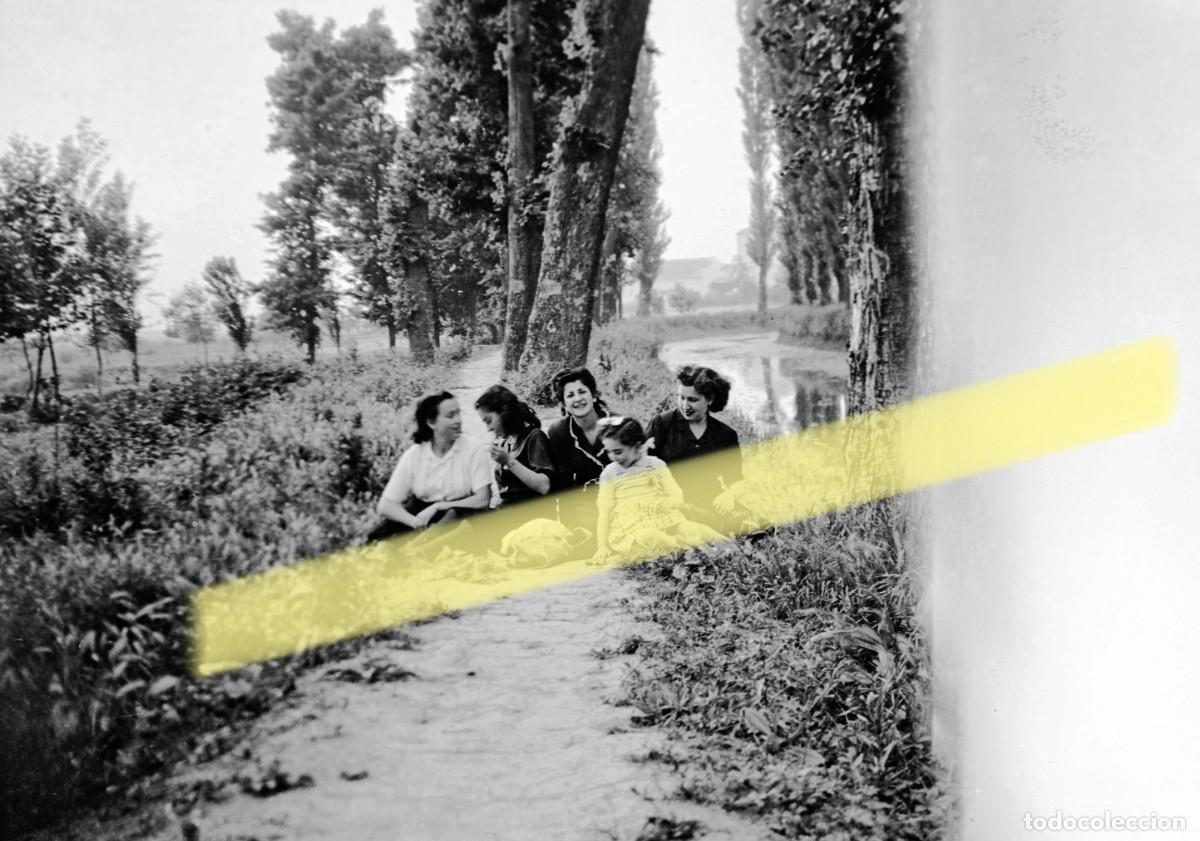 Fotograf&iacute;a antigua: Antiguo negativo de fotograf&iacute;a. Grupo de mujeres y ni&ntilde;as junto a un camino arbolado. A&ntilde;os 40