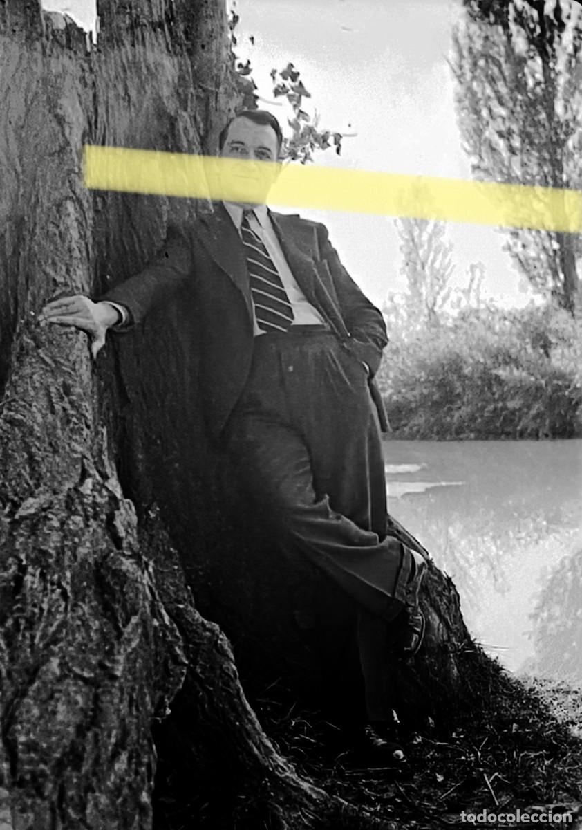 Fotograf&iacute;a antigua: Antiguo negativo de fotograf&iacute;a. Hombre posando junto a un gran &aacute;rbol. Pamplona y alrededores. 1936