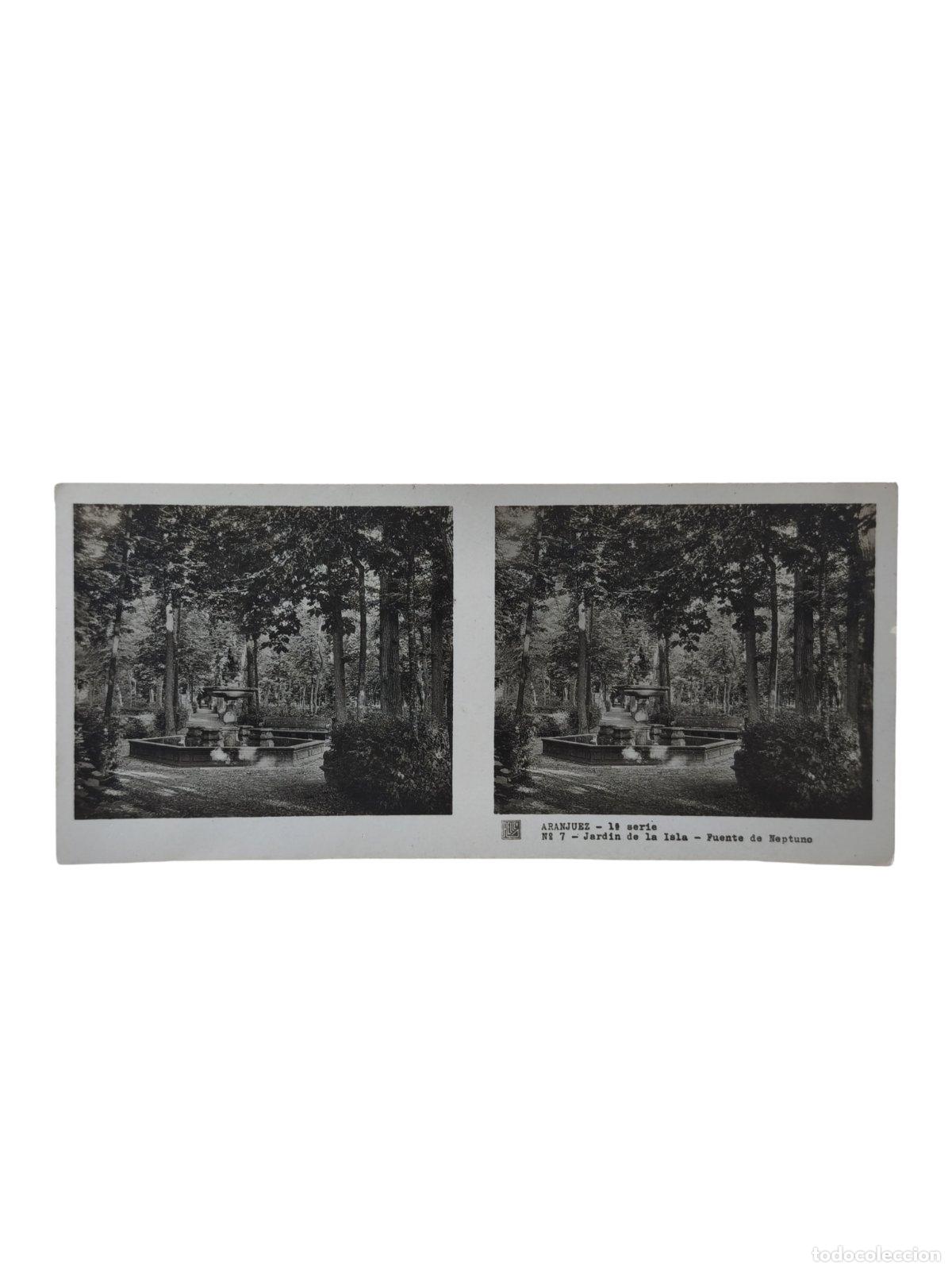 Fotograf&iacute;a antigua: Fotograf&iacute;a Antigua Estereosc&oacute;pica Aranjuez Jard&iacute;n de la Isla Fuente de Neptuno c. 1910-1920 13x10 cm