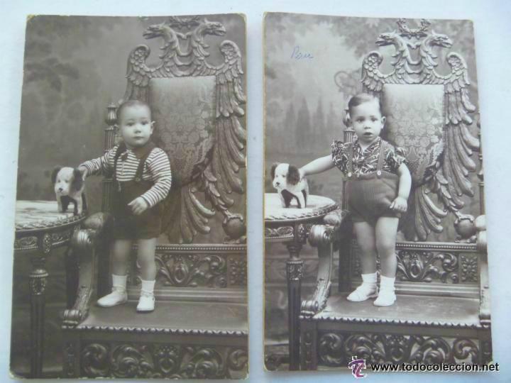 Fotograf&iacute;a antigua: LOTE 2 FOTOS ESTUDIO NI&Ntilde;OS CON PERRITO DE JUGUETE, SILLON AGUILA BICEFALA . DE FIGUERAS , BADALONA