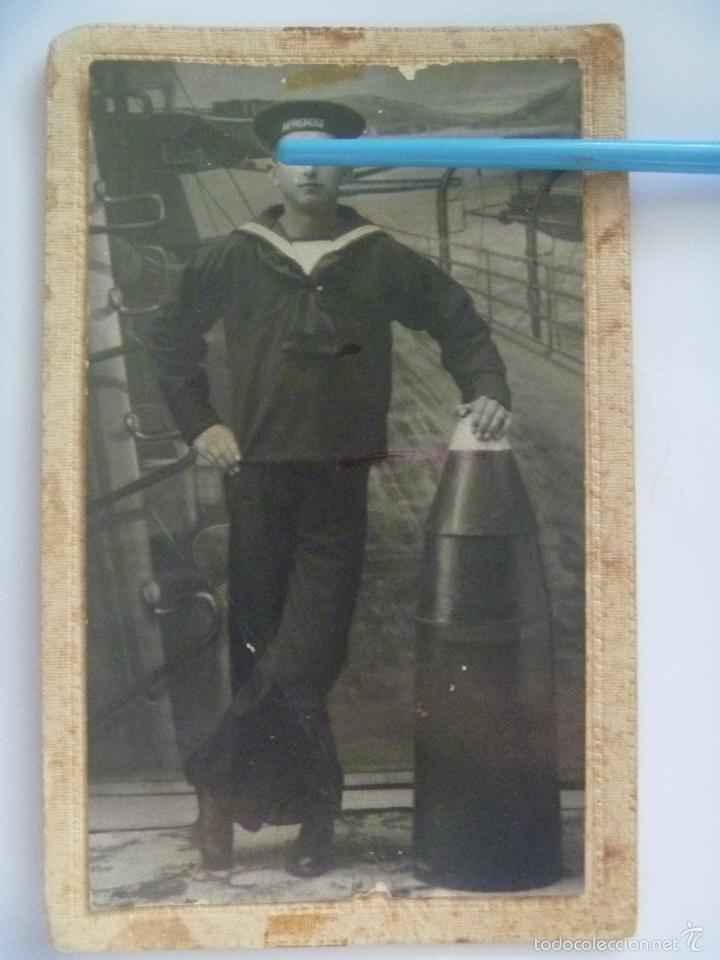 Fotograf&iacute;a antigua: FOTO ESTUDIO DE MARINERO  FONDO DECORADO CON BARCO Y TORPEDO. LEPANTO : APRENDIZ . EL FERROL