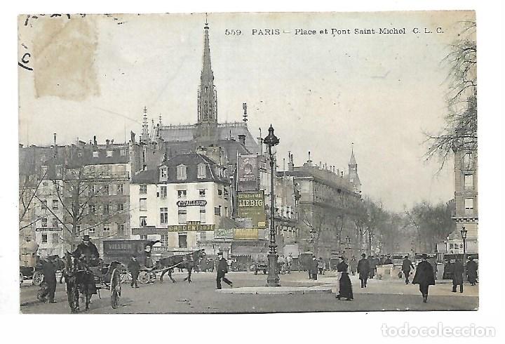 Photographie ancienne: 3501- PARIS.- POSTAL ANTIGUA. PLACE ET PONT SAINT MICHEL- CIRCULADA