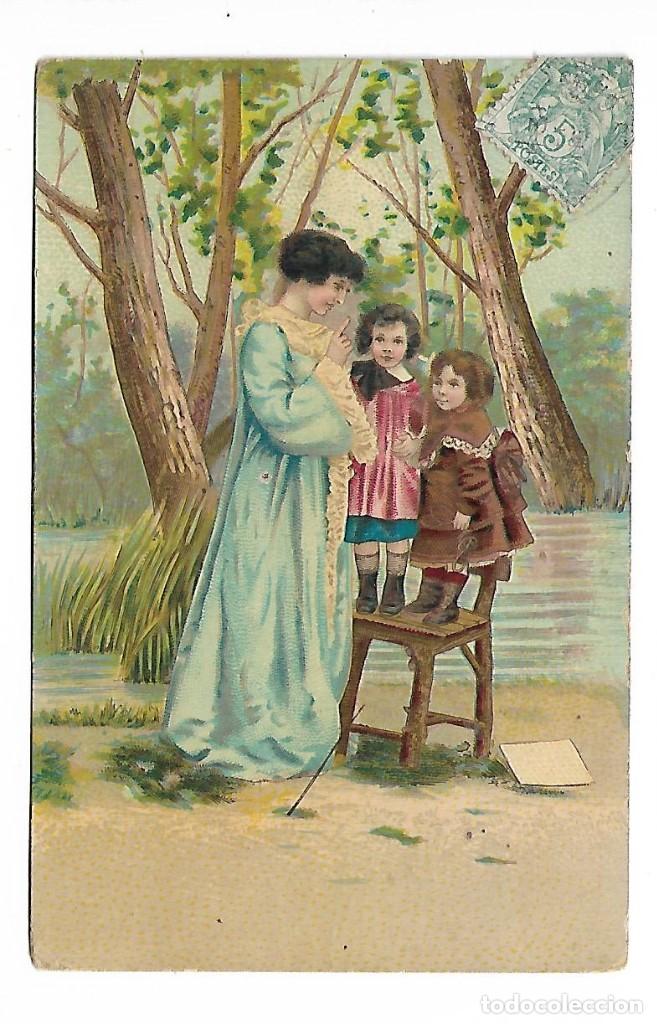 Antique Photography: 1R- ANTIGUA FOTO-POSTAL - NI&Ntilde;OS CON SU MADRE -CIRCULADA EN 1.909