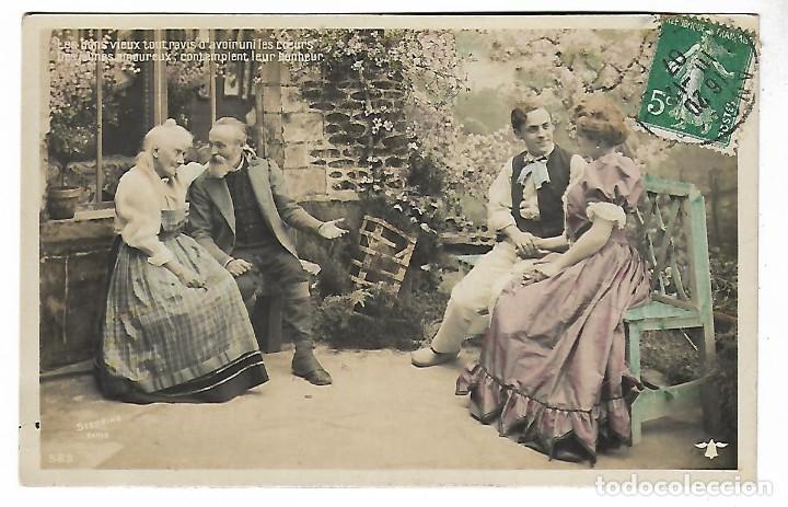 Antique Photography: 1R- ANTIGUA FOTO-POSTAL - DOS PAREJAS - ROMANTICA - CIRCULADA EL EL 10 - 1 - 1.907 -