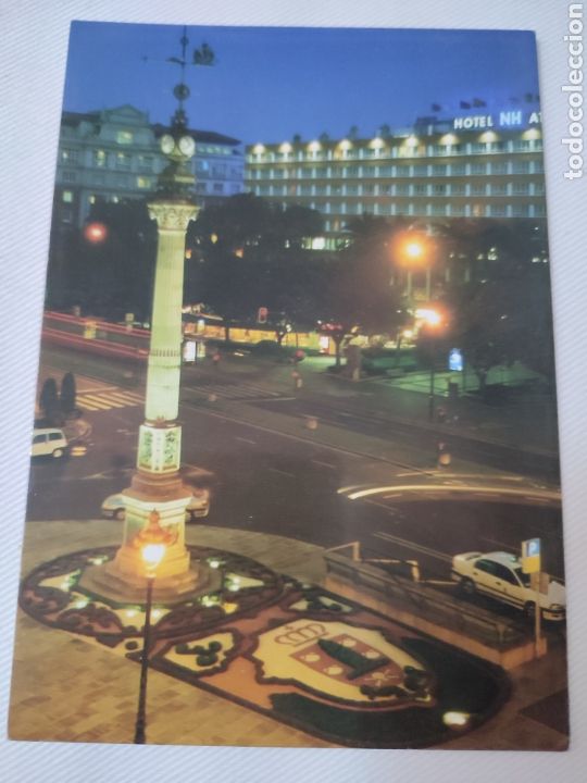 Alte Fotografie: Postal Obelisco A Coru&ntilde;a vista nocturna