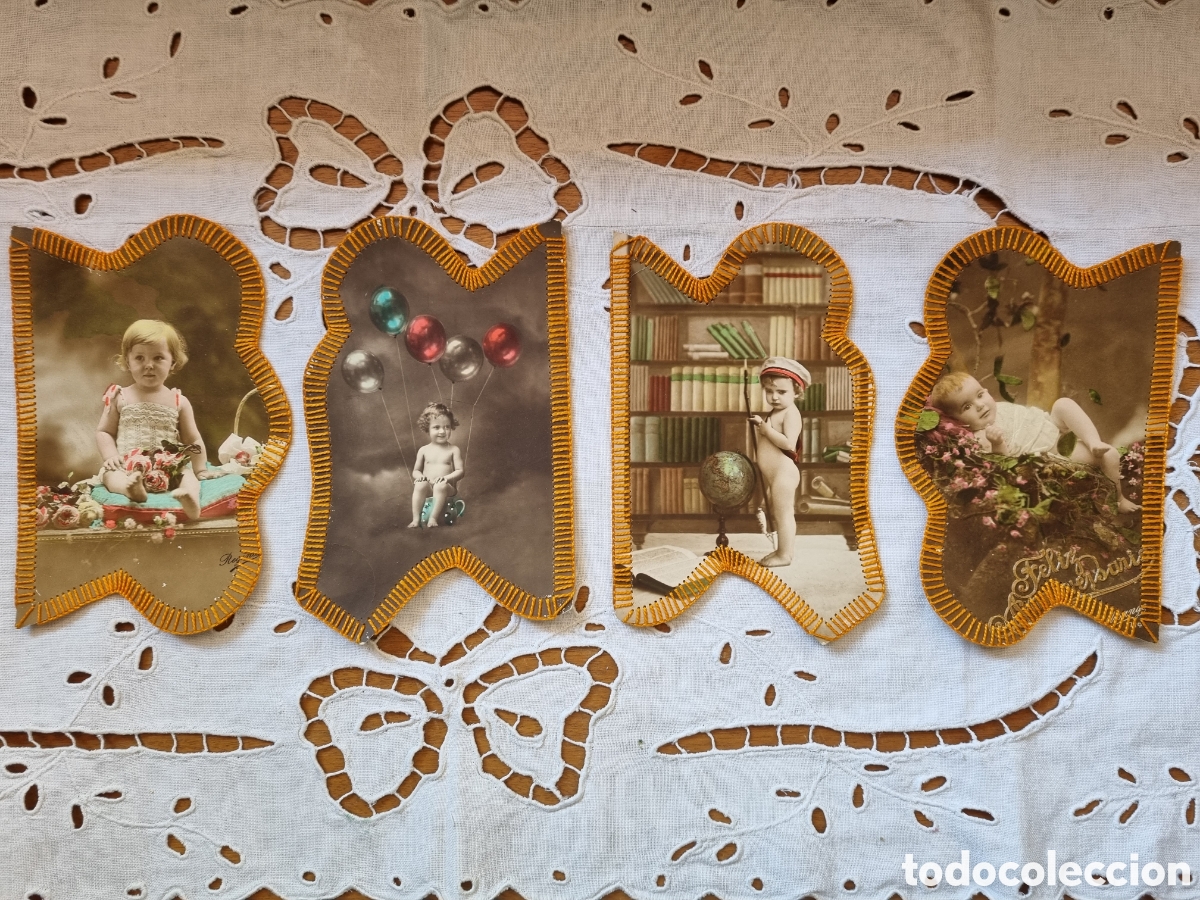 Fotograf&iacute;a antigua: 4 Postales antiguas fotogr&aacute;ficas. 1920. Ribete bordado. Escritas en portugu&ecirc;s.