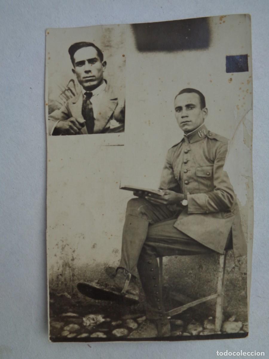 Fotografia antica: GUERRA AFRICA : FOTOMONTAJE DE MILITAR RGTO. INFANTERIA GUIA N&ordm; 67 Y DE CIVIL. TORRETA DE GAN 1929