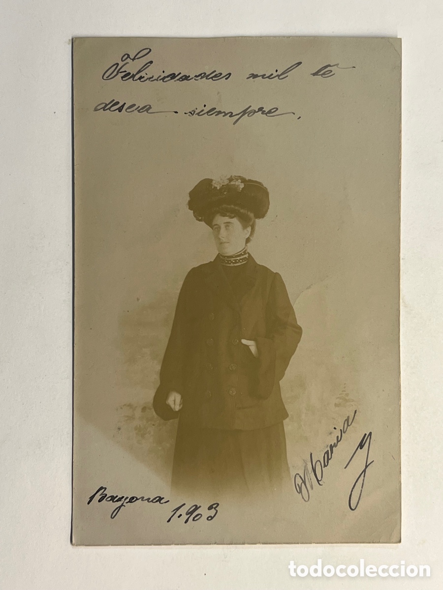 Alte Fotografie: BAYONA. Fotograf&iacute;a Dama con tocado a la Moda de 1900, dedicada a su amigo Manuel Guilmain