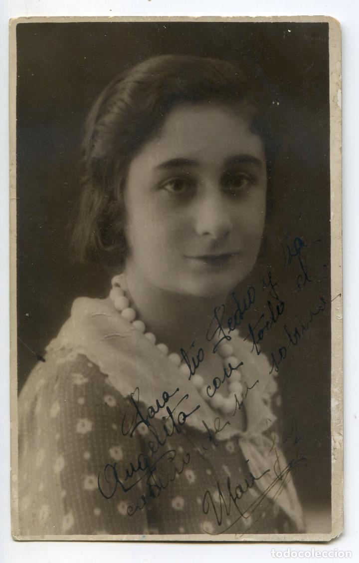 Fotografia antiga: Retrato de se&ntilde;orita dedicado a su t&iacute;a. Postal fotogr&aacute;fica a&ntilde;os 20