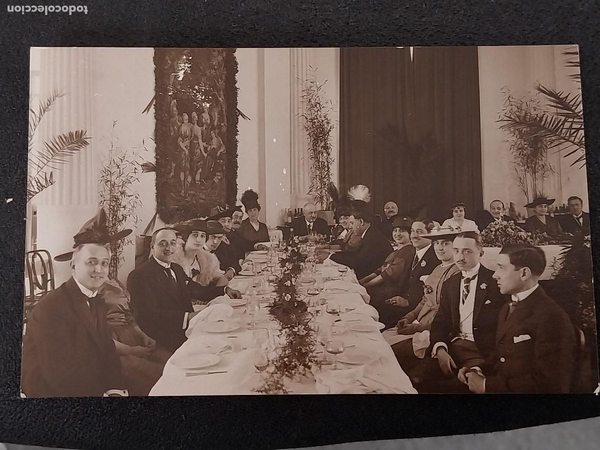 Fotografia antica: BANQUETE COMIDA 1917 CABALLEROS SE&Ntilde;ORAS SOMBRERO FOTO ORIGINAL POSTAL ____