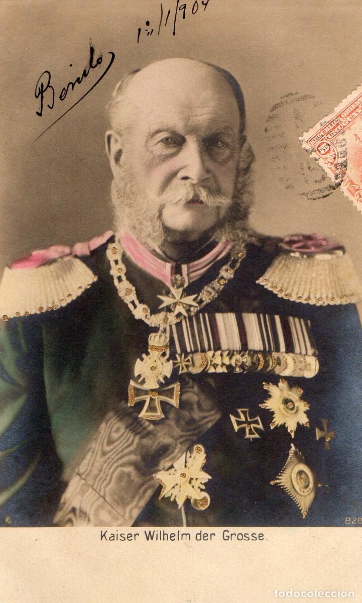 Fotografía antigua: Fotografía postal Antigua albumina coloreada del Kaiser Guillermo el grande fechada 1904