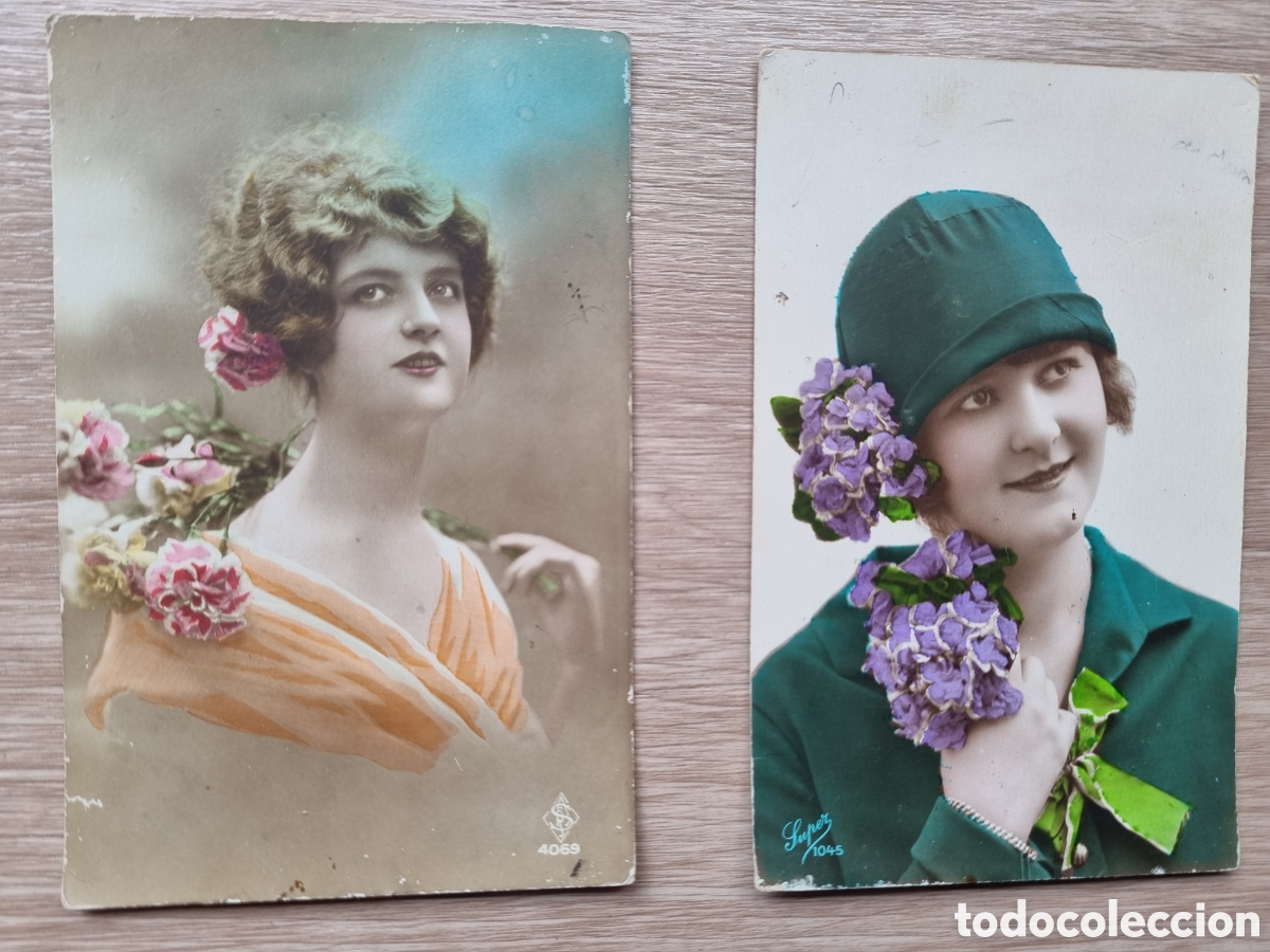 Fotograf&iacute;a antigua: Elegantes Mujeres de principios del S.XX. Antiguas postales fotogr&aacute;ficas coloreadas. Escritas.