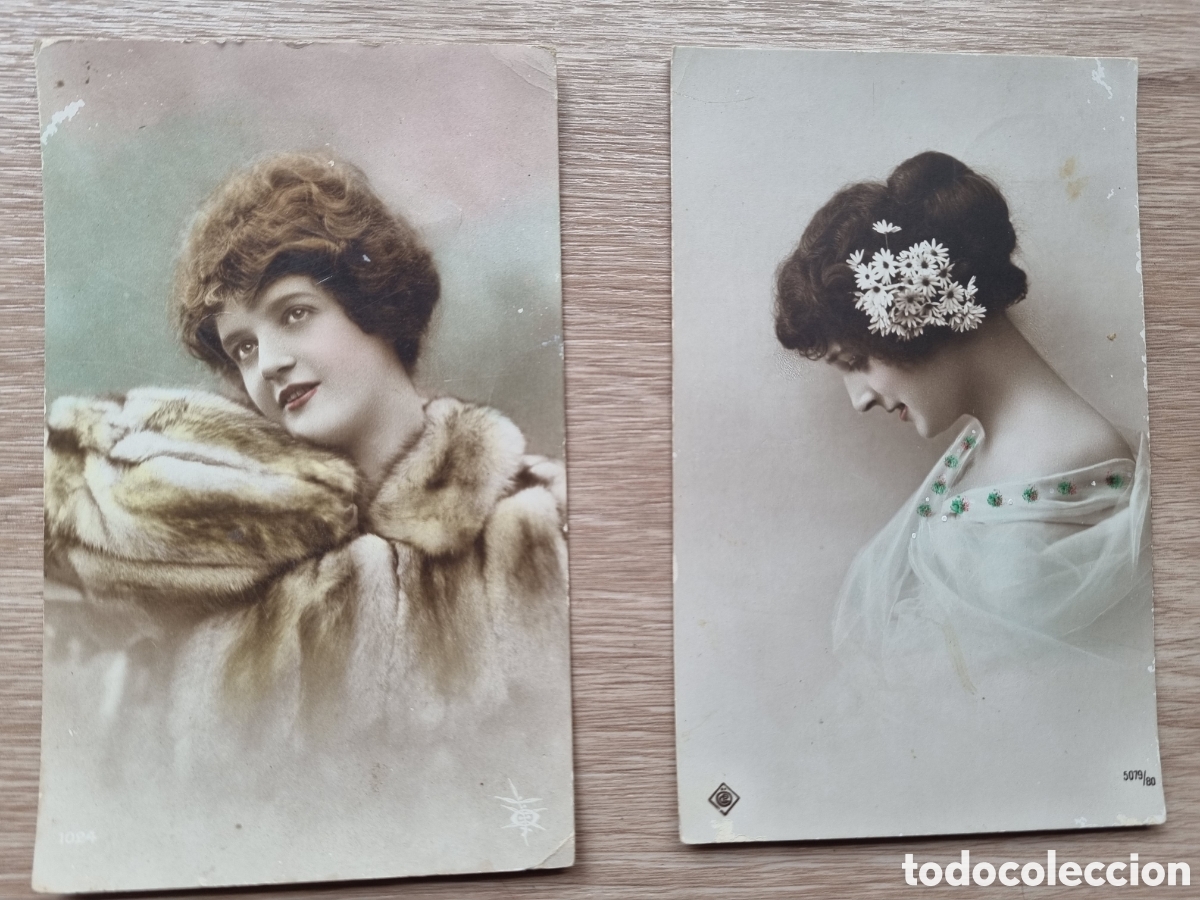 Fotograf&iacute;a antigua: Preciosas mujeres principios del S.XX. Antiguas postales fotogr&aacute;ficas coloreadas. Escritas.