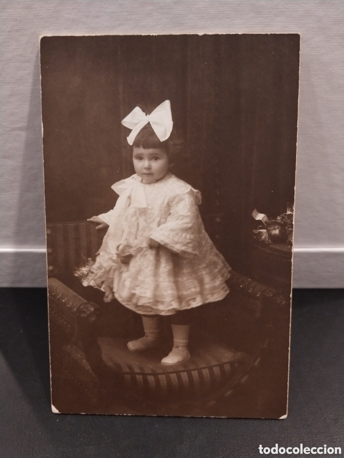 Alte Fotografie: Fotograf&iacute;a Postal de Ni&ntilde;a sobre un Sill&oacute;n. Amadeo, Barcelona