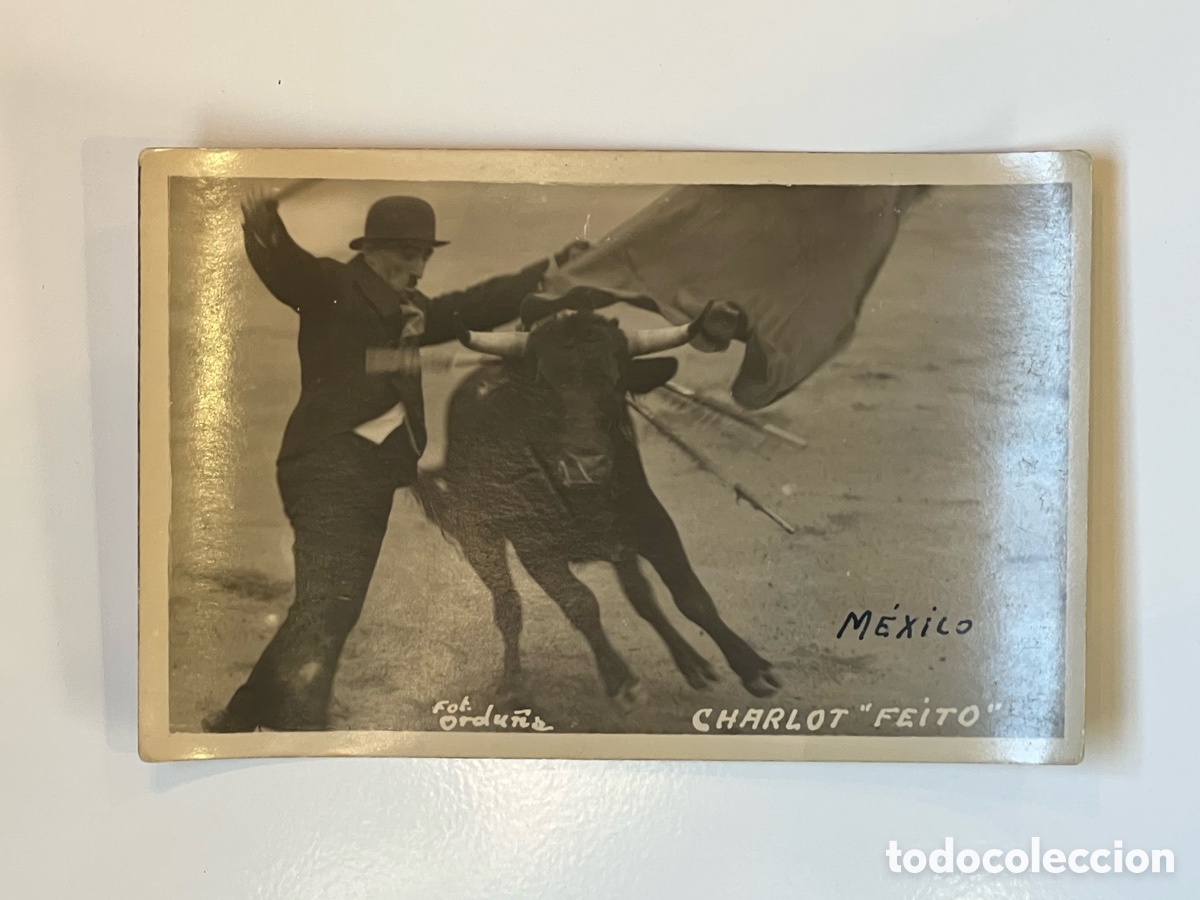 Fotograf&iacute;a antigua: TAUROMAQUIA Toros. Foto Ordu&ntilde;a. Juan Feito Charlot&rsquo;s Feito.. Charlotadas Taurinas M&eacute;xico (h.1920?)