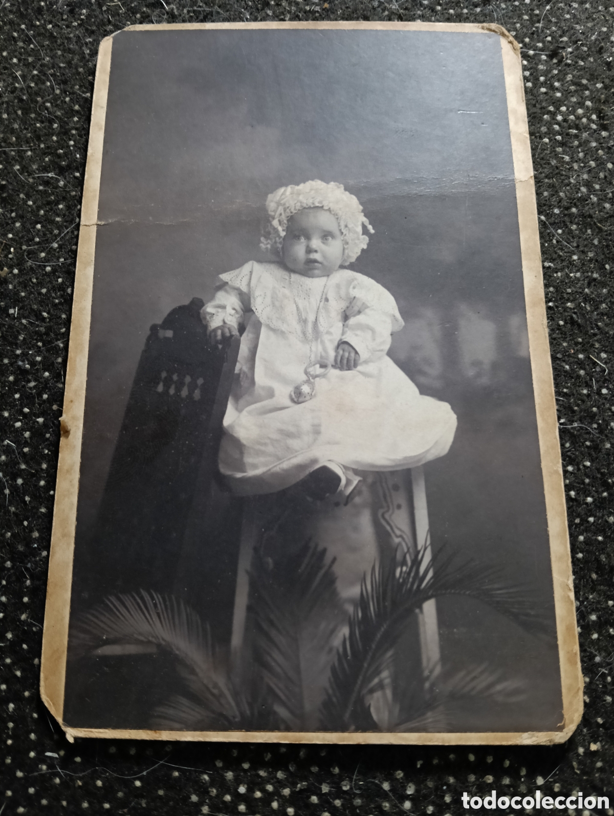 Fotograf&iacute;a antigua: 1900 Fotograf&iacute;a de una criatura vestida para la ocasi&oacute;n, fot&oacute;grafo M. Ginesta.