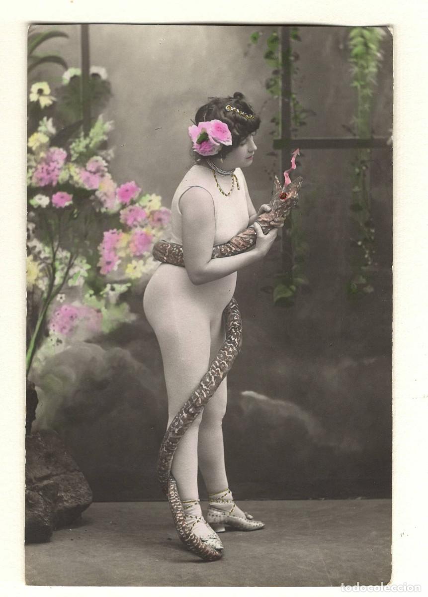 Fotografia antiga: ARTISTA CON SERPIENTE POR IDENTIFICAR, SIN DATOS.