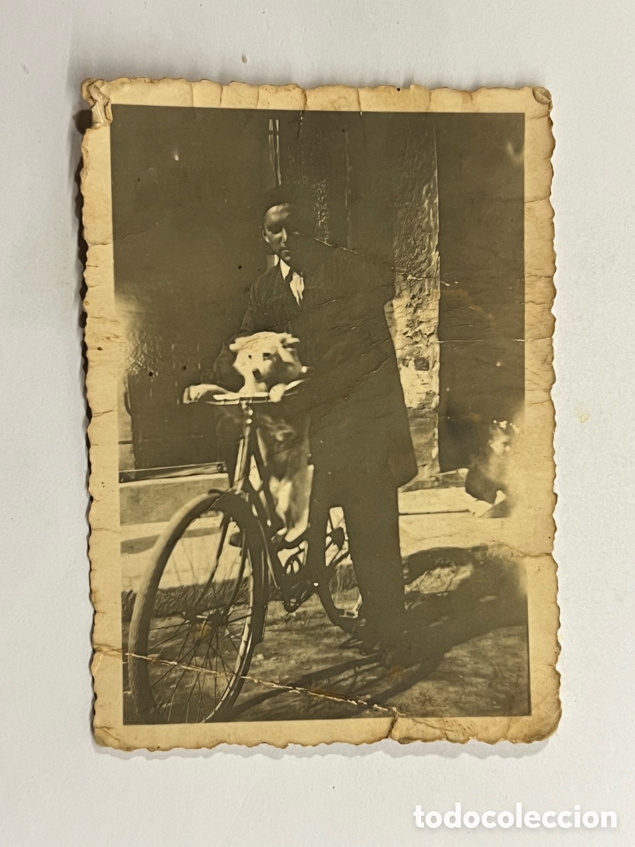 Fotograf&iacute;a antigua: MINUTEROS. Castell&oacute;n de la Plana. Se&ntilde;or con Bicicleta y perro.., un 21 de Mayo de 1947