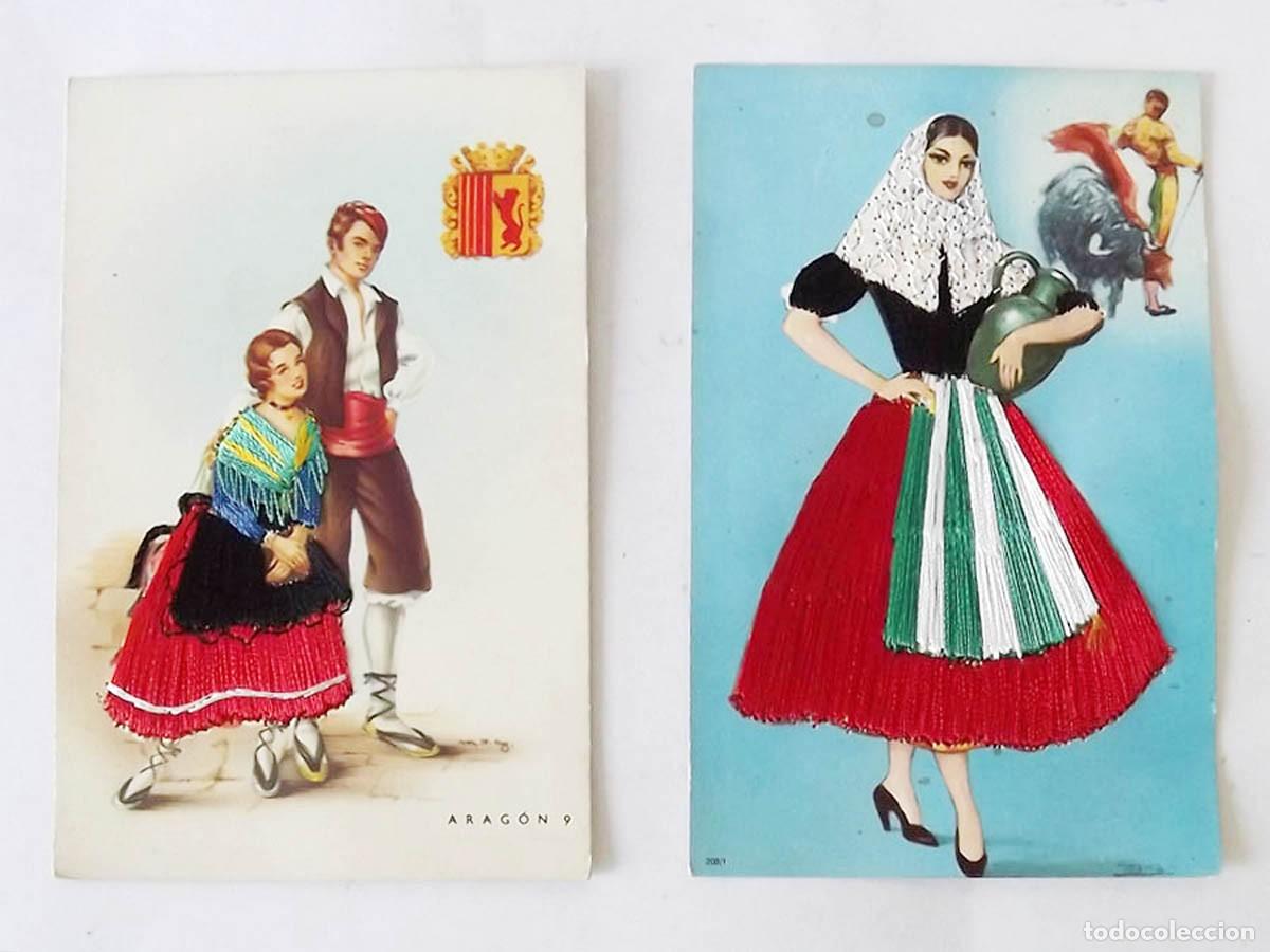Fotograf&iacute;a antigua: 2 postales bordadas a mano a&ntilde;os 70, Arag&oacute;n y Andaluc&iacute;a