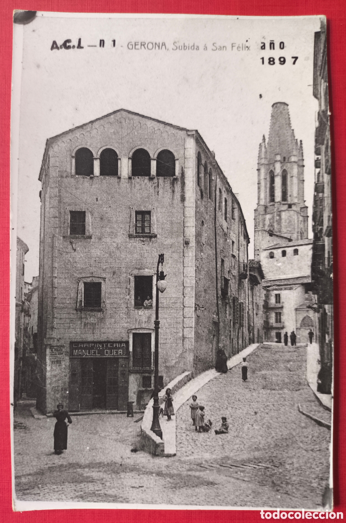 Fotograf&iacute;a antigua: GIRONA PUJADA DE SANT FELIU FOTOGRAF&Iacute;A NUMULITE SELLO EDWARD ROBBINS 1897