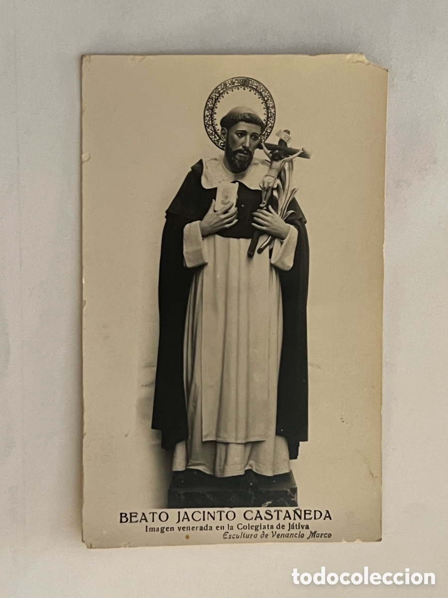Fotograf&iacute;a antigua: BEATO JACINTO CASTA&Ntilde;EDA. Imagen venerada en la Colegiata de Jativa. Escultura de Venancio Marco