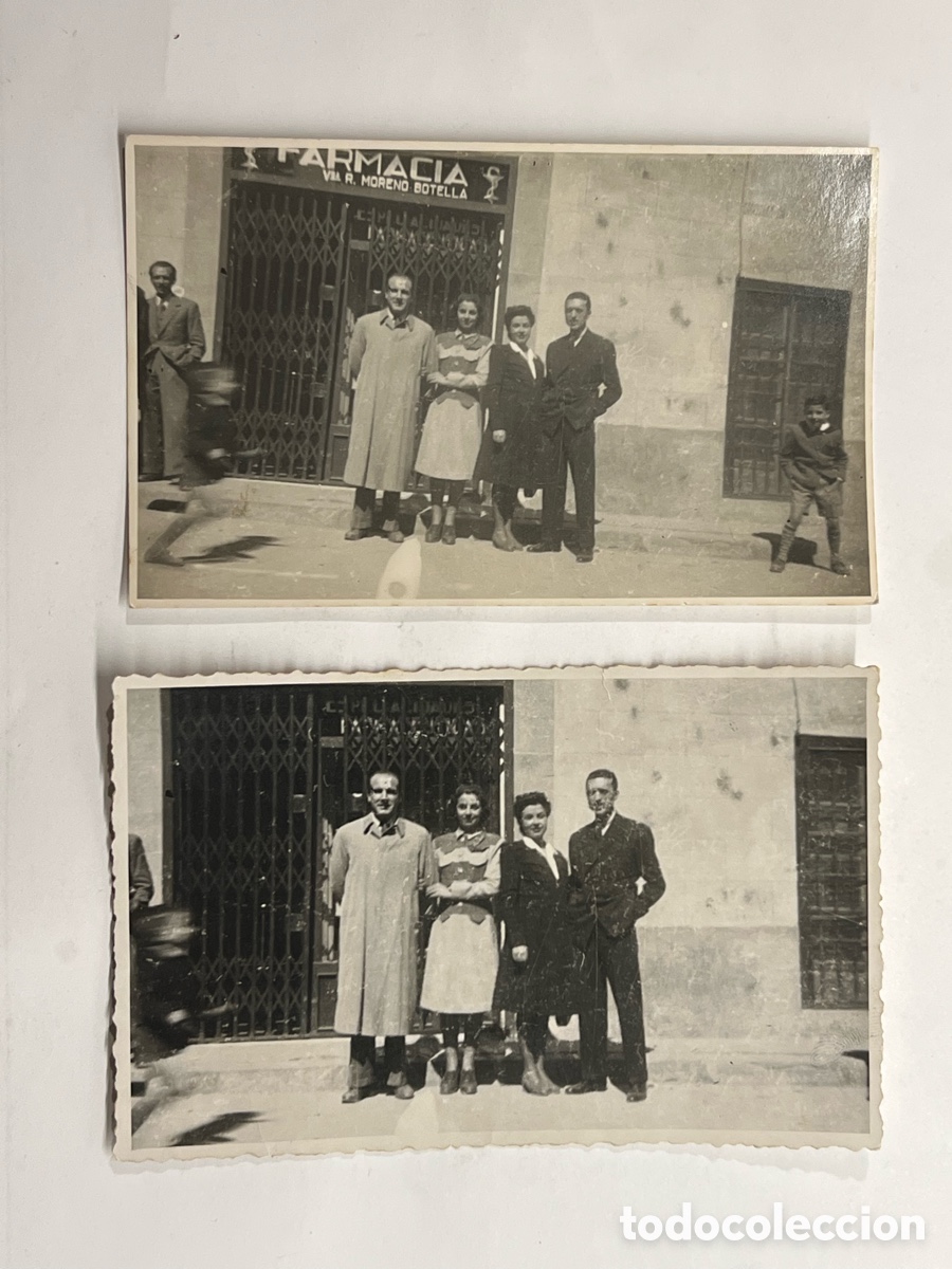 Fotograf&iacute;a antigua: VALENCIA (2) Fotograf&iacute;as enfrente de la Farmacia Vda. R. Moreno Botella&hellip; Grupo de amigos (a.1949)