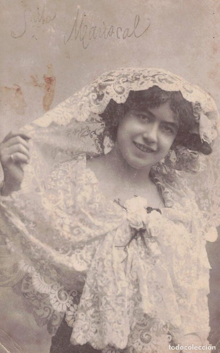 Fotograf&iacute;a antigua: FOTOGRAF&Iacute;A ANTIGUA - SE&Ntilde;ORITA MARISCAL CON MANTILLA DE ENCAJE BLANCA - TARJETA POSTAL
