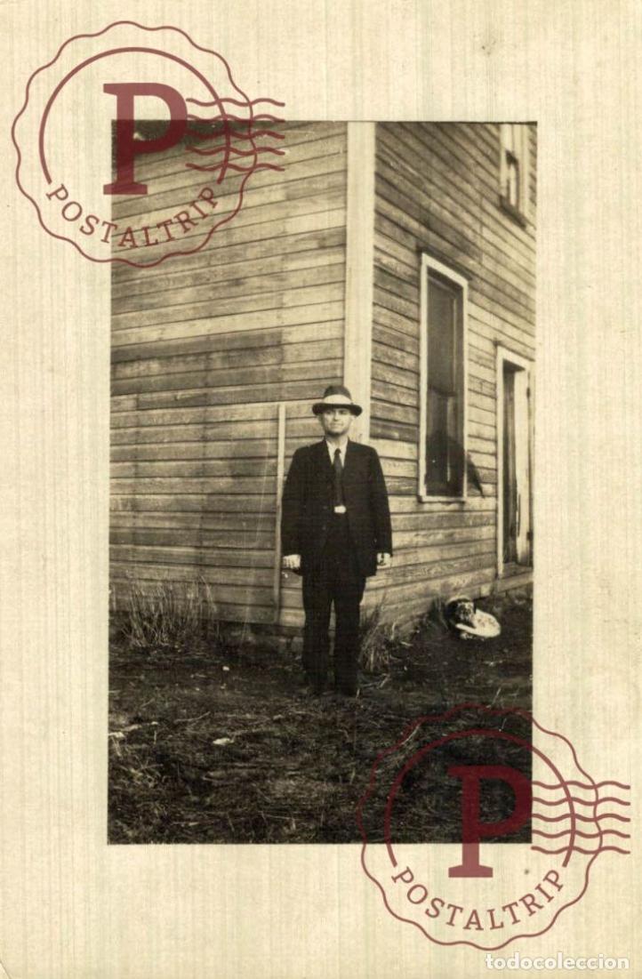 Fotograf&iacute;a antigua: Man in Suit Beside Wooden House, c.1920 &ndash; Real Photo Postcard FOTOGRAFICA