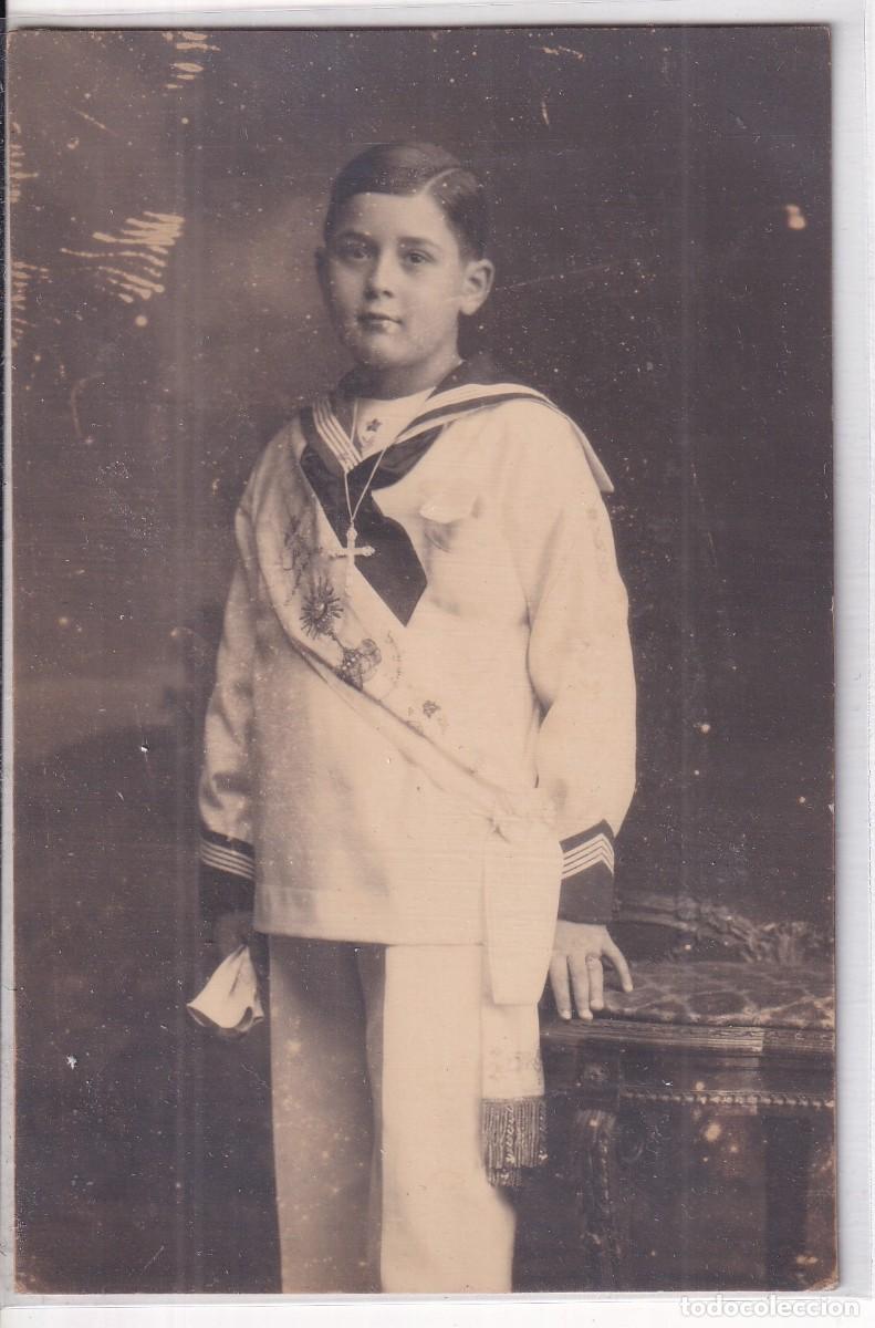 Antique Photography: Fotograf&iacute;a formato tarjeta postal. Ni&ntilde;o primera comuni&oacute;n. Kaulak fot&oacute;rafo Madrid Alcal&aacute;