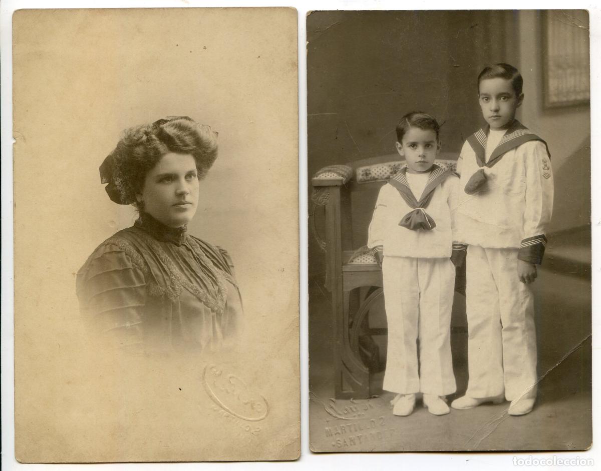 Fotograf&iacute;a antigua: Dos fotopostales del estudio de Claudio G&oacute;mez, Santander, dama y ni&ntilde;os de comuni&oacute;n