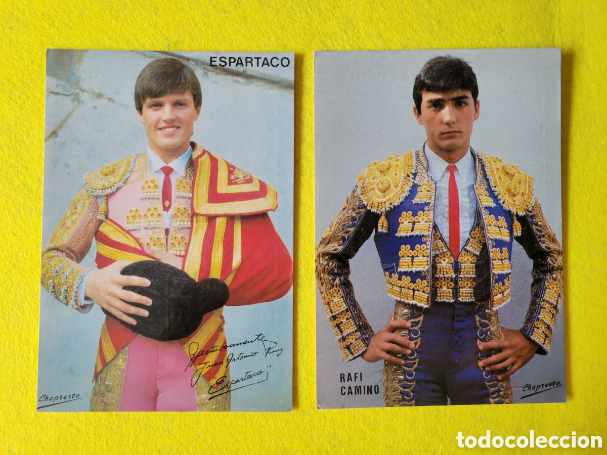 Fotograf&iacute;a antigua: DOS ANTIGUAS POSTALE TOREROS CON PROGRAMA DE CORRIDAS FERIA DE ABRIL SEVILLA 1987