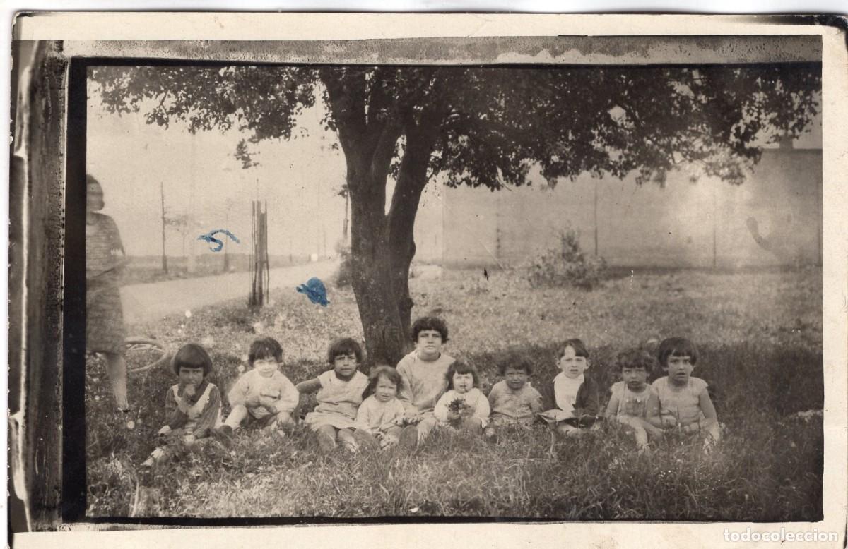 Fotograf&iacute;a antigua: Tarjeta foto: Ni&ntilde;as y un ni&ntilde;o bajo un &aacute;rbol vigilados por una mujer en el campo