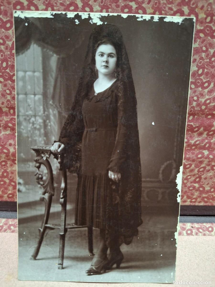 Fotograf&iacute;a antigua: ANTIGUA FOTOGRAFIA RETRATO MANTILLA NEGRA SELLO CENTRO FOTOGRAFICO REBEL MURCIA