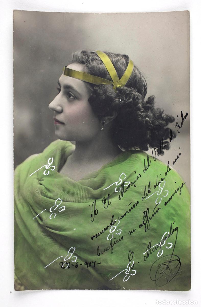 Fotograf&iacute;a antigua: Actriz por identificar, Dedicada al marqu&eacute;s del valle de Ribas, 1907. Foto Mateos, Barcelona.