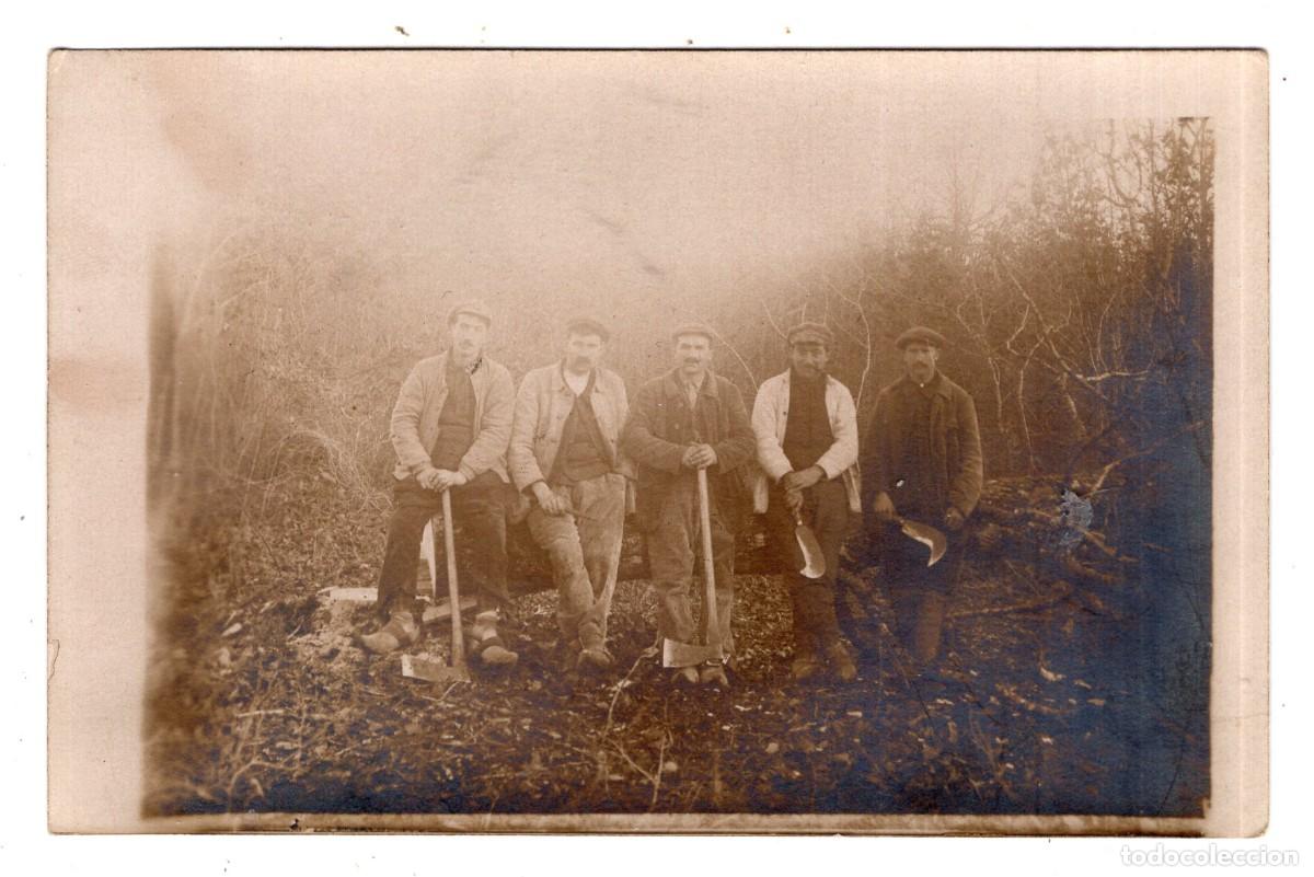 Fotograf&iacute;a antigua: CPA Foto le&ntilde;adores con herramientas sentados en tronco de &aacute;rbol talado