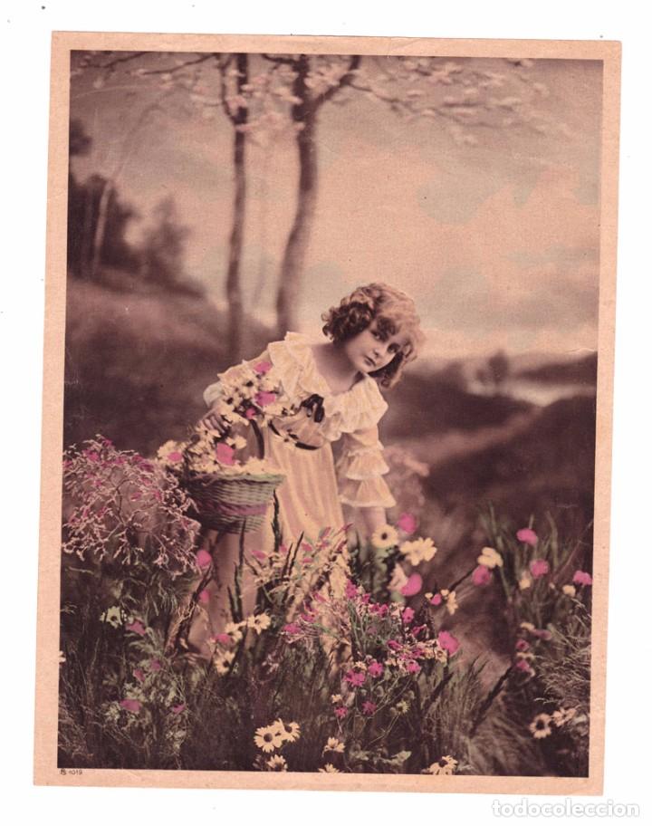 Alte Fotografie: antigua lamina foto ni&ntilde;a jardin flores coloreada rs 1019