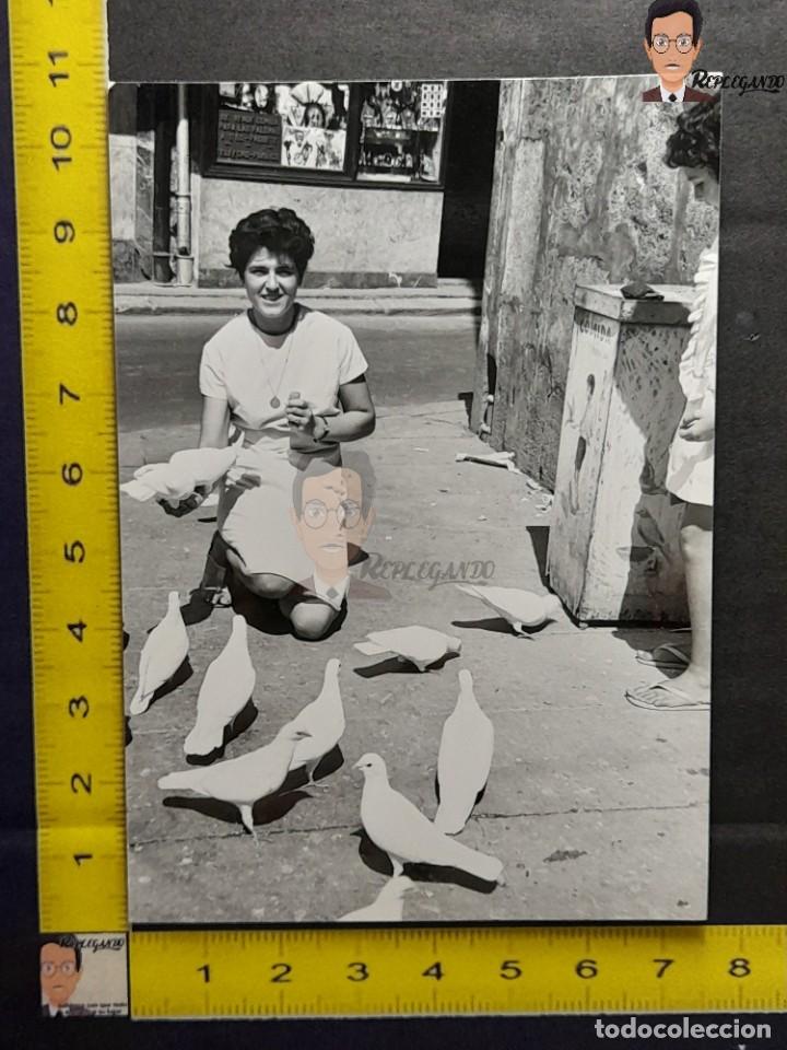 Antique Photography: CHICA DANDO DE COMER A PALOMAS BLANCAS - FOTO ANTIGUA EN BLANCO Y NEGRO - A&Ntilde;OS 60/70 - MUJER JOVEN