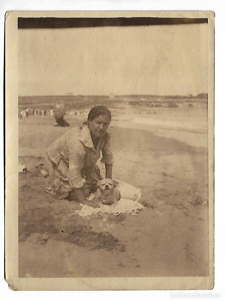 Photographie ancienne: ER- FOTOGRAF&Iacute;A ANTIGUA DE - UNA DAMA CON SU PERRO EN LA PLAYA