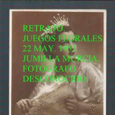 Fotografía antigua: JUMILLA, MURCIA. RETRATO FEMENINO. JUEGOS FLORALES. 22 MAY. 1953. FOTÓGRAFO MARIMAR. SIN SELLO.