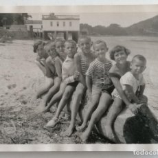 Fotografía antigua: FOTOGRAFIA GRUPO DE NIÑOS SUBIDOS EN UN TRONCO DE MADERA, AÑOS 50. Lote 389761889