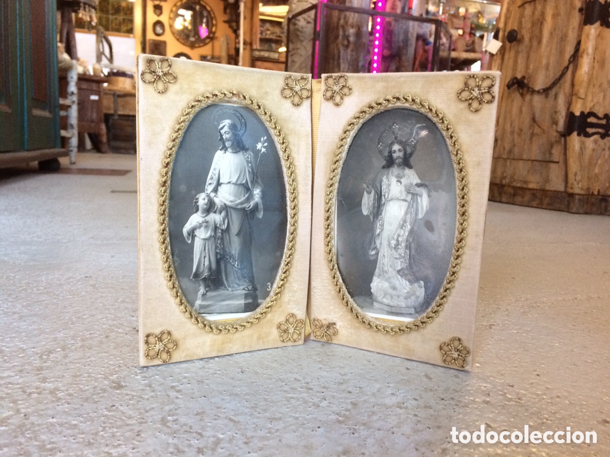 Fotograf&iacute;a antigua: Fotografia de San Antonio y Sagrado Coraz&oacute;n de Jesus. En precioso portafotos artesanal.