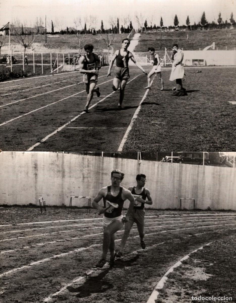 Fotograf&iacute;a antigua: 2 fotos 13,5x8,5 ctms. campeonato universitario 4x400 mts. foto V&aacute;zquez Molero Madrir